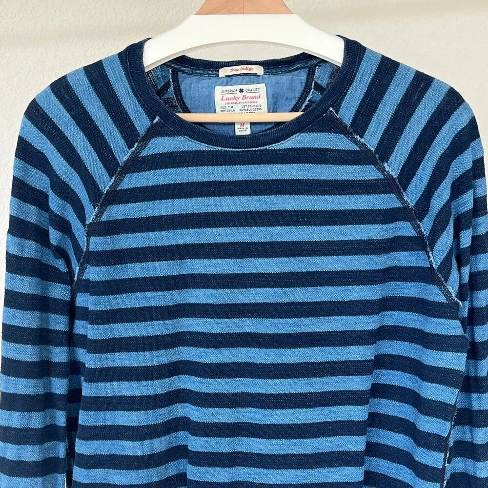 Lucky Brand True Indigo Blue Striped Cotton Long Sleeve Raglan Medium - Picture 1 of 6